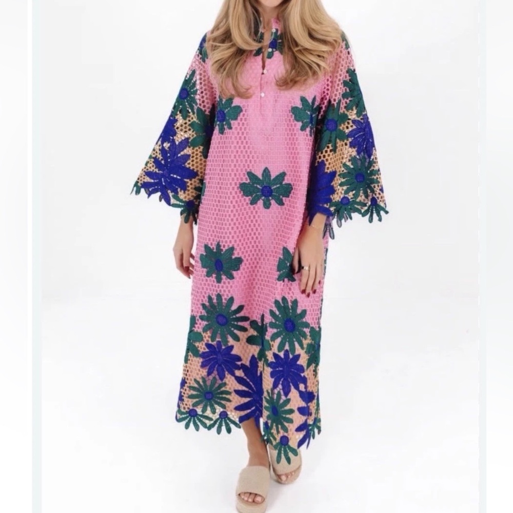 Pink Floral Midi Dress with Green & Blue Appliqué